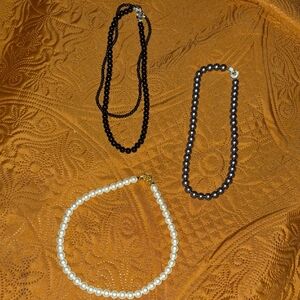 Classic Pearl and Bead Necklace Set - Black, White, Gray